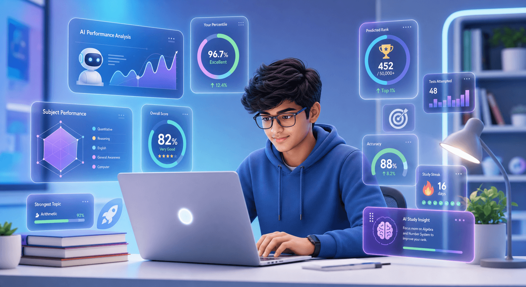 Student using laptop with floating AI mock test analytics widgets